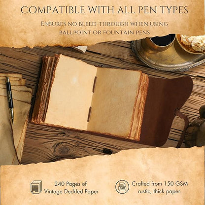 Fausta Vintage Handcrafted Leather Journal with Key for Writing, 240 Pages 7 x 5 inches, Deckled Cotton Paper Notebook/Diary for Men and Women 150 GSM Drawing/Sketchbook, Rustic Brown