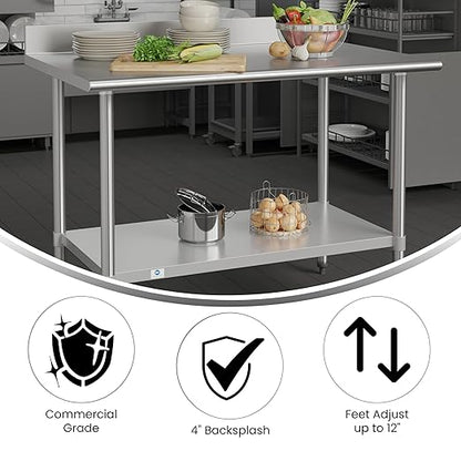 Flash Furniture Reese Commercial Stainless Steel Prep/Work Table for Back Kitchen, 430 Stainless Steel, 18 Gauge, Adjustable Shelf, 4" Backsplash, 30" x 48"