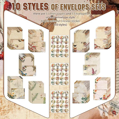 TaoBary 160 Packs Stationery Paper Set (50 Double Sided Stationery Writing Papers 50 Matching Envelopes) 60 Round Dot Sticker, 10 Design(5.5 x 8.25 Inch,Nature Vintage Style)
