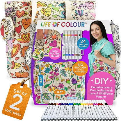 Doodle Bag Bundle – Color Your Own Tote Bags in Two Playful Patterns - Craft Kits for Adults Includes 2 Canvas Totes & 48 Acrylic Markers – DIY Painting & Art Kit for Women