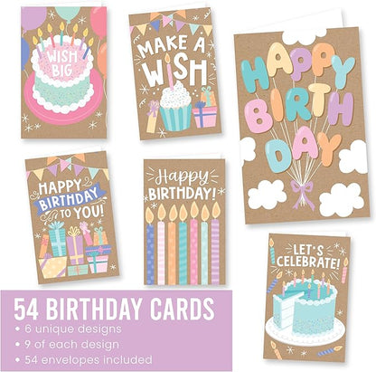 Hadley Designs 54 Happy Birthday Cards Bulk with Envelopes – Assorted Birthday Cards for Kids and Adults, Ideal for Personalization and Bulk Buyers (Doodle Kraft)
