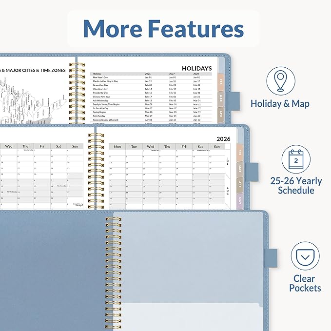 SUNEE 2026 Weekly & Monthly Planner 6.4"x8.5"- 12 Month (January 2026 - December 2026), Vegan Leather Cover, Pocket, Bookmark, Notes, Monthly Tab, Gray Blue