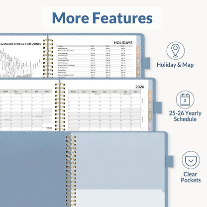 SUNEE 2026 Weekly & Monthly Planner 6.4"x8.5"- 12 Month (January 2026 - December 2026), Vegan Leather Cover, Pocket, Bookmark, Notes, Monthly Tab, Gray Blue