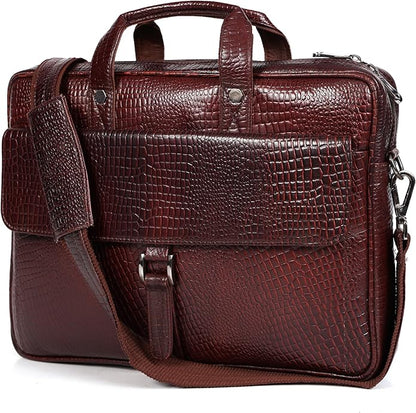 Crocodile Embossed leather bag for men, 5 Zipper Pockets with Spacious Compartments.,12 x 16 x 4 inches.