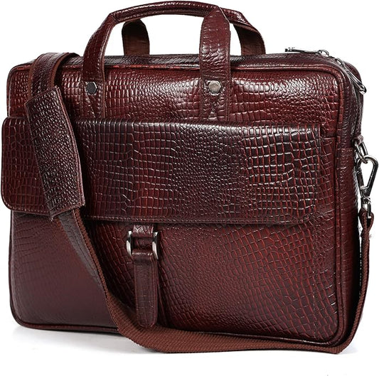 Crocodile Embossed leather bag for men, 5 Zipper Pockets with Spacious Compartments.,12 x 16 x 4 inches.