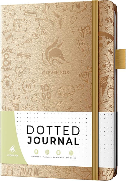 Clever Fox Dotted Journal 2.0 – Compact Planning and Sketching Dot Grid Notebook 120 GSM Thick, No-Bleed Paper – Planner with Pen Loop, Pocket, Ribbons, Stickers A5 - Pearl