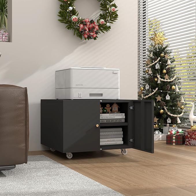 Small Space Printer Stand with Doors, Metal Fax Machine Stand with Storage, Low Printer Table, Black Modern Under Desk for Home Office, Small Carts for Scanner, Fax, Computer, Black