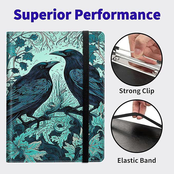 Ravens On Branches PU Leather Padfolio Clipboard Notepad with Pen Loop and Elastic Strap Interview/Resume Document Organizer for Business School Office