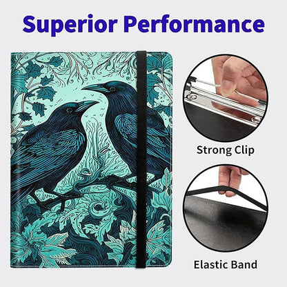 Ravens On Branches Padfolio Folder with Clipboard,Portfolios Organizer Clipboards with Storage Clipboard Writing Pad PU Leather Conference Document Organizer with Business Card Holder