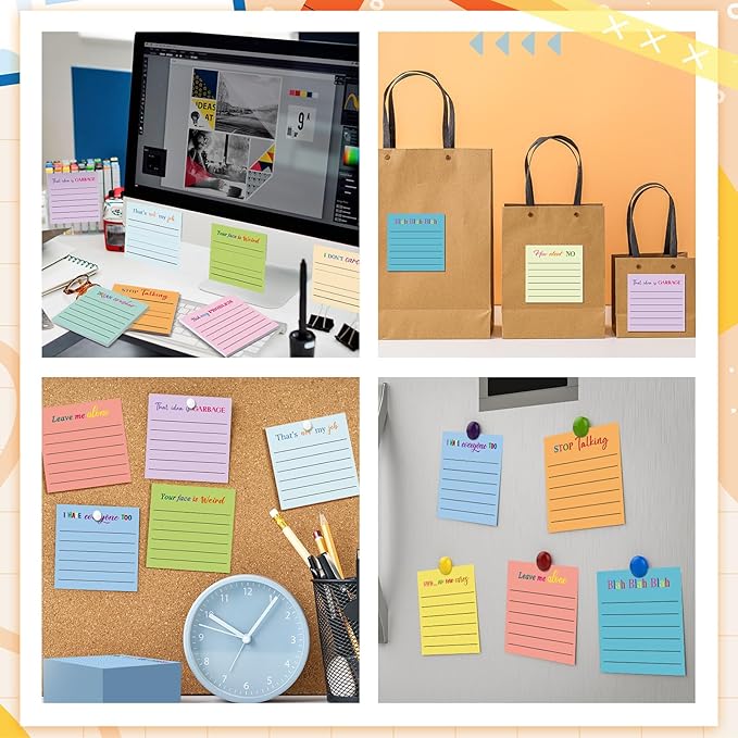 Yinder 24 Pcs Inspirational Sticky Notes with Lines Cute Motivational Sticky Notes Pad Employee Appreciation Gifts Bulk for Teacher Nurse Coworkers Office Supplies 3 x 3''(Light Color,Funny)
