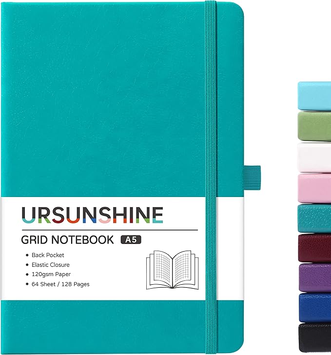 Graph Grid Paper Notebook/Journal - Classic Journal/Notebook with Ribbon Divider, Hardcover with Thick Paper, 5.3" x 8.26", Banded + Pen Holder +Inner Pocket - Cyan