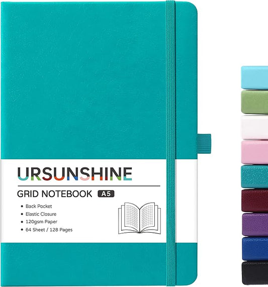 Graph Grid Paper Notebook/Journal - Classic Journal/Notebook with Ribbon Divider, Hardcover with Thick Paper, 5.3" x 8.26", Banded + Pen Holder +Inner Pocket - Cyan