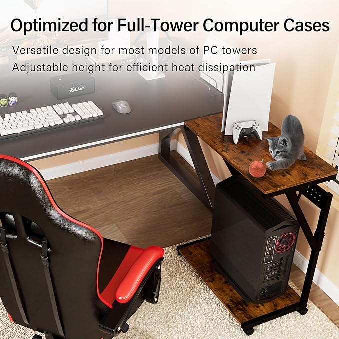 Computer Tower Cart - Height Adjustable PC Stand, 2-Tier ATX-Case CPU Holder Home Office Gaming Desk Accessories with Rolling Lockable Wheels, Laptop Table Standing Computer Desk, Rustic Brown