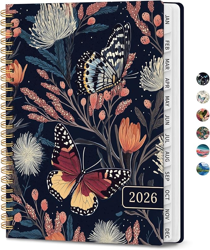 2026 Planner, Weekly and Monthly Planner for Women, January 2026 to December 2026, Pretty Hardcover 2026 Calendar Planner Book with Tabs, Inner Pocket, Spiral Bound, Perfect Office Home School Supplies - 6.3" x 8.5", Flutter Bloom