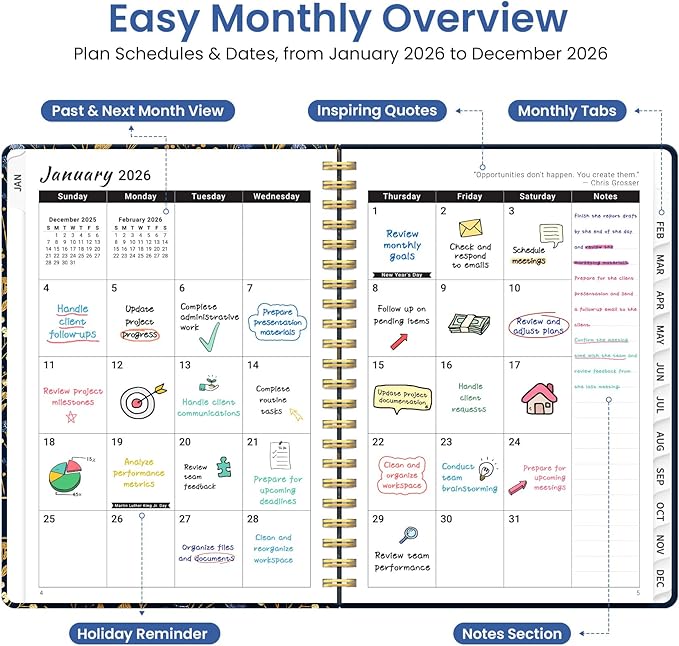 2026 Planner, Weekly and Monthly Planner for Women, January 2026 to December 2026, Pretty Hardcover 2026 Calendar Planner Book with Tabs, Inner Pocket, Spiral Bound, Perfect Office Home School Supplies - 6.3" x 8.5", Tiny Blues