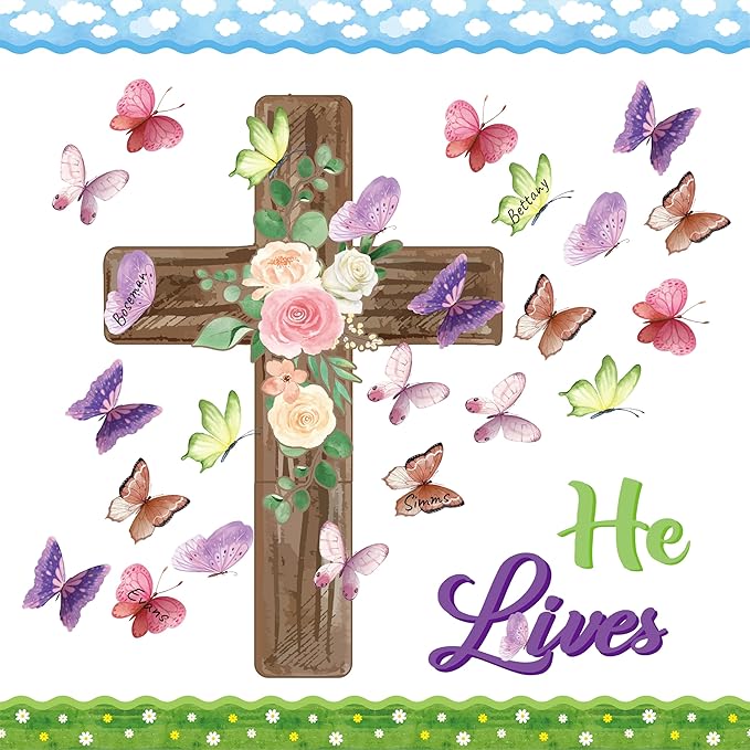 B1ykin 90Pcs Spring He Lives Floral Cross Bulletin Board Decoration Set, Watercolor Butterfly Name Tags Cutouts, Spring Christian Bible Jesus Resurrection Bulletin Boarders for Sunday School Classroom
