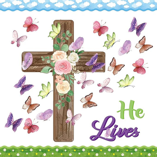 B1ykin 90Pcs Spring He Lives Floral Cross Bulletin Board Decoration Set, Watercolor Butterfly Name Tags Cutouts, Spring Christian Bible Jesus Resurrection Bulletin Boarders for Sunday School Classroom