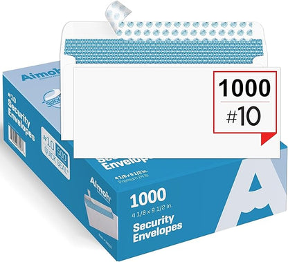Aimoh 1000#10 Security Self-Seal Envelopes, Windowless Design, Premium Security Tint Pattern, Strong Quick-Seal Closure - EnveGuard - Size 4-1/8 x 9-1/2 Inches -White-24 LB- 1000 Count (34010-1000)