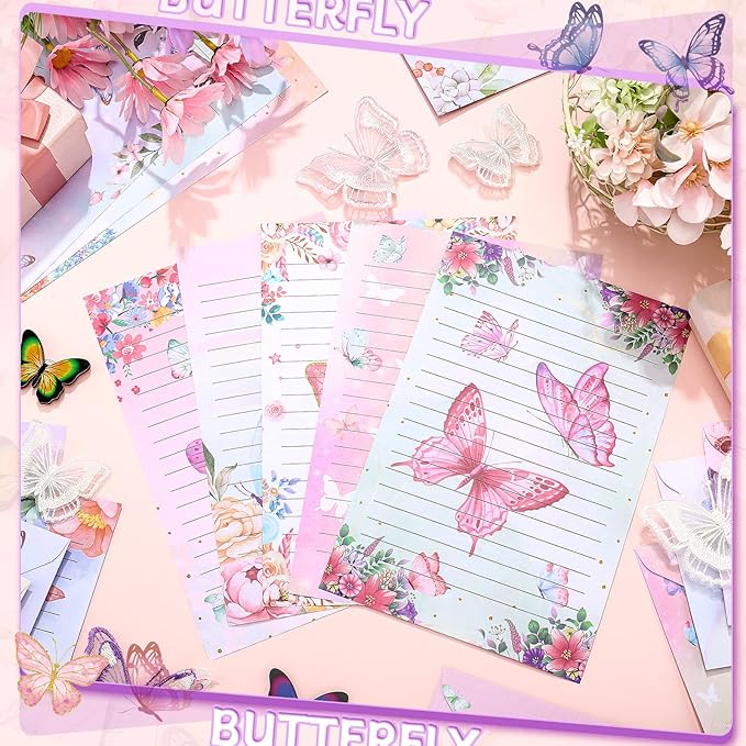 TaoBary 160 Packs Stationery Paper Set (50 Double Sided Stationery Writing Papers 50 Matching Envelopes) 60 Round Dot Sticker, 10 Design(Watercolor Butterfly,5.5 x 8.25 Inch)