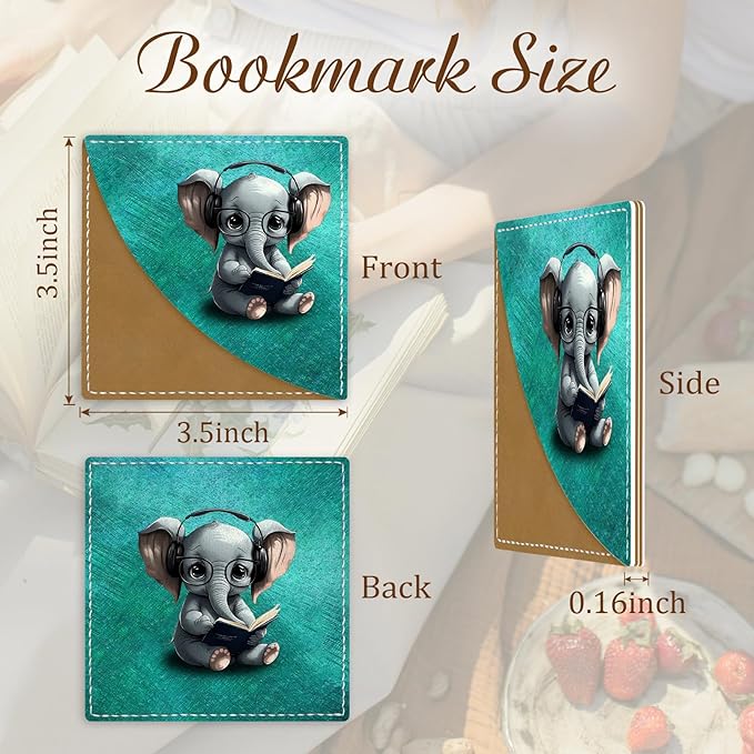Cute Elephant Corner Bookmarks, Funny Leather Book Accessories for Book Lovers, 3 Pcs Reading Book Page Markers for Women Men Student Teacher Girls Boys Kids Retirement Birthday Gifts