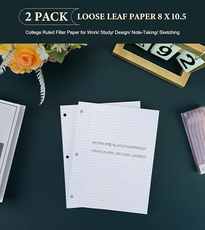 Notebook Paper 8 x 10.5 Inch, 2 Pack Loose Leaf Paper, Loose Leaf Paper College Ruled, Double-Sided Printing Lined Paper Notepad, 3-Ring Binders, 75 Sheets Per Pad, Filler Paper for Taking Notes