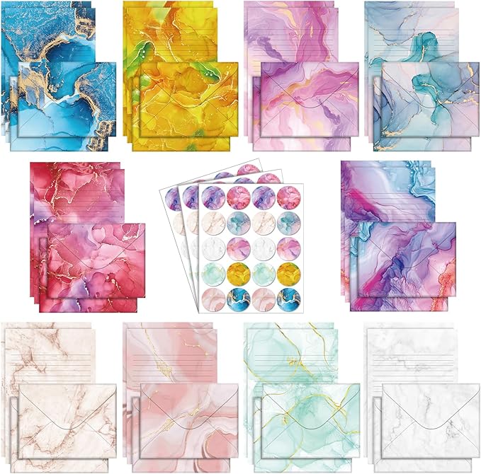 TaoBary 160 Packs Stationery Paper Set (50 Double Sided Stationery Writing Papers 50 Matching Envelopes) 60 Round Dot Sticker, 10 Design(Marble,5.5 x 8.25 Inch)