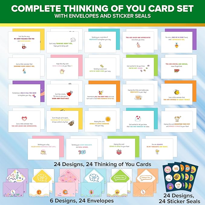 Decorably 24 Pack Assorted 6x4in Funny Thinking of You Cards with Envelopes and Stickers, 24 Unique Fun Designs Funny Cards with Printed Message Inside