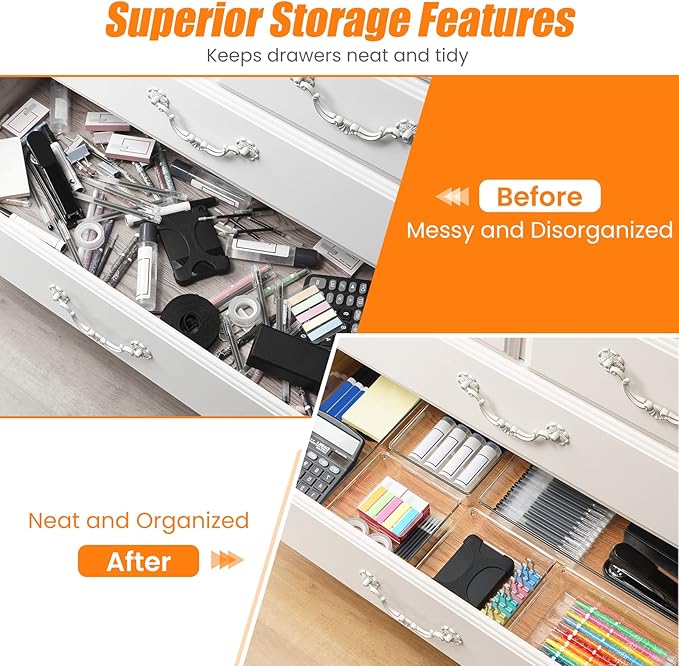 Criusia Drawer Organizer, 6 Pack Large Clear Plastic Drawer Organizers Set, 2 Size Versatile Bathroom and Vanity Drawer Organizer Trays, Storage Bins for Makeup, Bedroom, Kitchen Gadgets Utensils