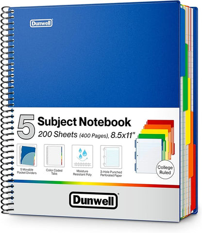 Dunwell 5-Subject Spiral Notebook, College Ruled (Blue), Colorful Movable Pocket Dividers with Tabs, Front/Back Plastic Covers, 200 Sheets (400 Pages) of 3-Hole Punch Perforated 8.5x11 Paper