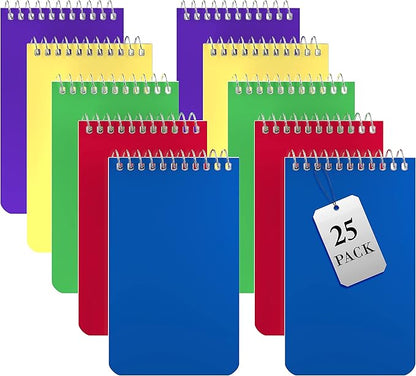 Small Notebooks, Spiral Notepads 3x5 - (Bulk Pack of 25) Pocket Notebook, Memo Pads For Home, Office, College, School - Lined College Ruled Paper - 5 Colored Notebooks, 75 Sheets Per Notebook