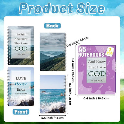 2Pack A5 Natural Scenery Religious Spiral Notebooks - Love Never Ends Bible Verses Notebooks, Ruled Hardbound Lined Journal, Inspirational Christian Christmas Gift, Sunday School Supplies