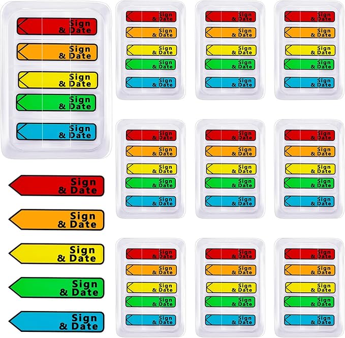 Colarr 10 Pack 1000 Pieces Sign Here Date Tabs Sign Here Date Stickers Flags Please Message Flags for Office Notebook Annotating Books Notary Books(Multicolor,Classic)