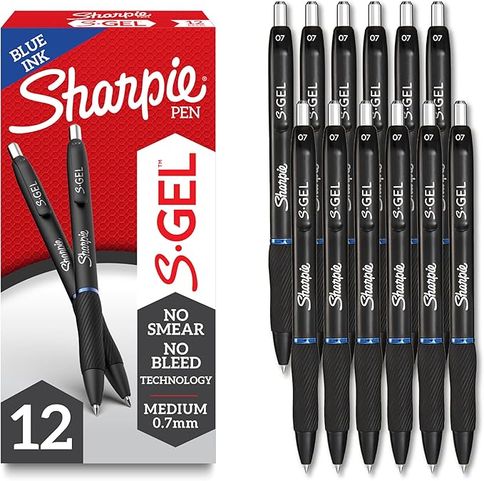 Sharpie S-Gel, Gel Pens, Drawing Pens, Gel Ink Pens For Journaling, Writing Pens, Coloring Pens, Medium Point Pens (0.7Mm), Blue Ink Gel Pen, 12 Count
