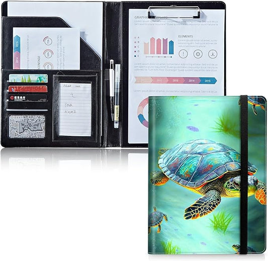 Padfolio Folder with Clipboard,Portfolios Organizer Clipboards with Storage Clipboard Writing Pad PU Leather Conference Document Organizer with Business Card Holder,Turtle
