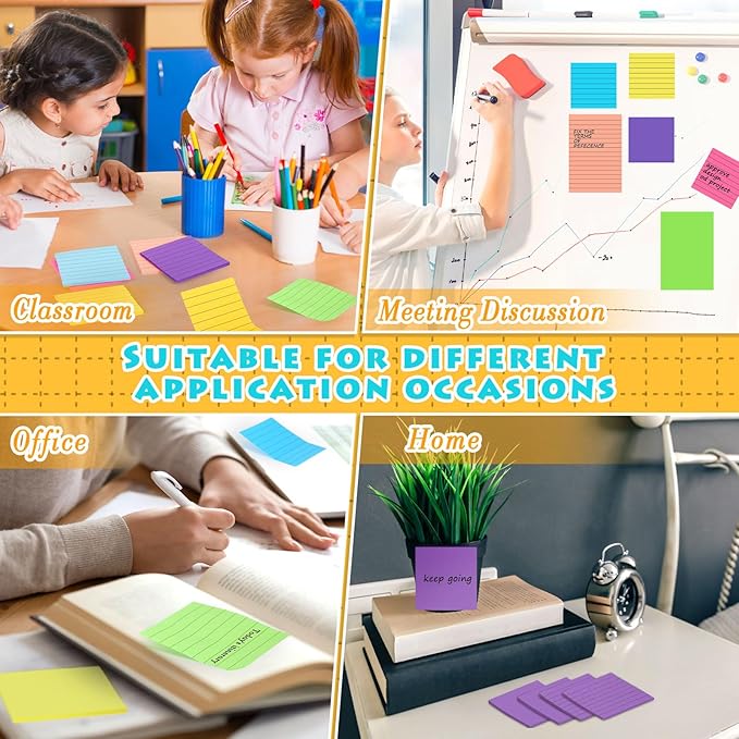Yexiya 64 Pcs Lined Sticky Notes Self Stick Notes with Lines Bright Assorted Colors Sticky Notes for Home Office Products Post Memos, 1920 Sheets(4 x 6 Inch, 3 x 3 Inch,Multi Color)
