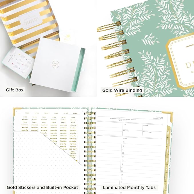 Day Designer 2025 Daily Planner – Premium Planner for Stylish Organization. Combines Monthly Calendar, Hourly Schedule, To-Do List, Gratitude, Goal Setting, Inspirational Quotes, Stickers & More. Elegant laminated Cover with Gold Accents (Graceful)