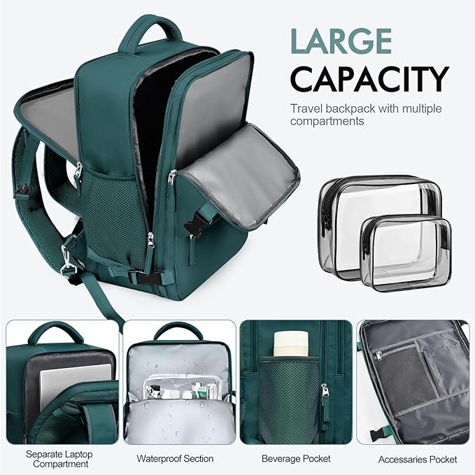 Large Backpack for Traveling Women Men, Flight-approved Carry-on Travel Backpack Bag, Personal Item Backpack Luggage on Airplanes, Travel Essentials, Peacock Blue