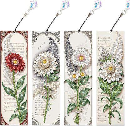 4-Piece 5D Diamond Painting Floral Bookmarks Set, DIY Craft Kit with Colorful Rhinestones, Flower Design Diamond Art Craft Bookmarks with Tassels, Ideal for Adults, Great Gift for Book Lovers