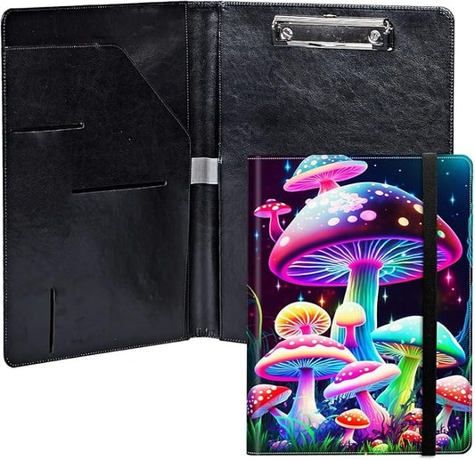Gorgeous Mushrooms PU Leather Padfolio Clipboard Notepad with Pen Loop and Elastic Strap Interview/Resume Document Organizer for Business School Office