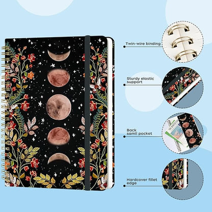 Yoiilifee Spiral Notebook - A5 Spiral Notebooks, 8.3'' × 5.8'', 160 Pages, Aesthetic Journaling Notebooks for Women, College Lined Notebook with Elastic Closure, Back Pocket, for School Office, Moon