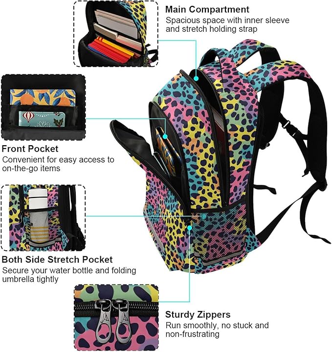 MNSRUU Laptop Backpack with Chest Strap, Leopard School Backpack, Travel Hiking Backpack for Boys Girls Teen Adult, Rucksack, Knapsack