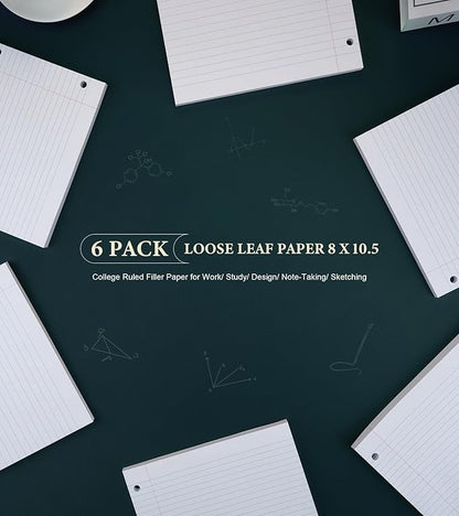 College Ruled Loose Leaf Paper, 6 Pack Notebook Paper 8x10.5 Lined Paper, Filler Paper for 3 Ring Binders, Writing Pads 75 Sheets Per Notepad Double-Side Printed Lined Paper College Ruled for Home