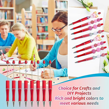15 Pieces Beadable Pens - Beaded Pens Plastic Diy Black Ink Ballpoint Pens Bulk - Bead Pens Suitable For Teacher, Students, Office, School, Graduation Gift Supplies（Red）