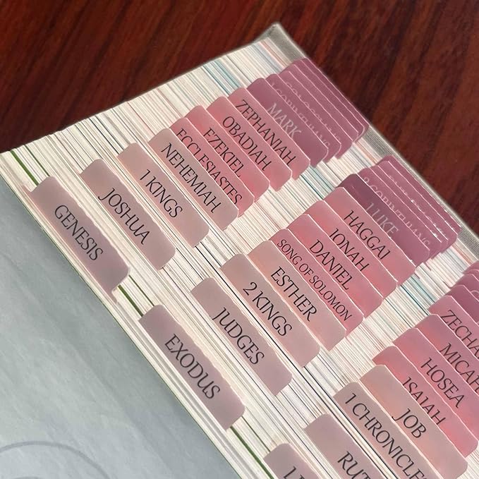 Thinkor Reposition Bible Tabs, Large Print Lanimated Stickers, Easy to Read and Apply Bible Tabs for Women and Man (Four Pink)