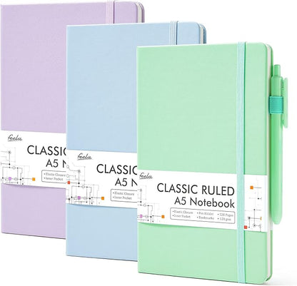 feela 3 Pack Hardcover Notebook For Women, Classic Ruled Lined Journal Set School Business Supplies, with 3 Black Pens, 120 GSM, 5.1”x8.3”, A5, Pastel Colors, Light Blue, Light Purple, Light Green