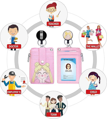 Cute ID Badge Holder Retractable Lanyard Reel Clip with Heavy Duty Carabiner,5 Card Slots in 2 Sided with Key Ring and Zipper for Students Teens Boys Girls Office Staff Women (Lovely Girl)