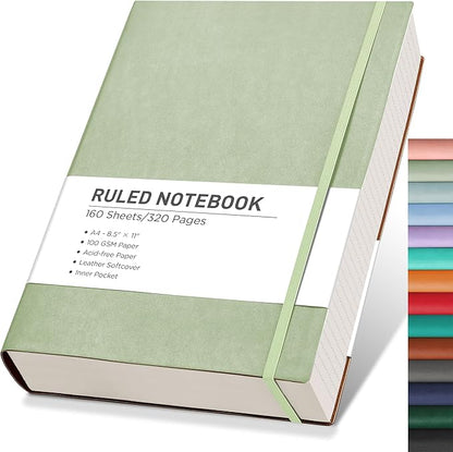RETTACY Journaling Notebooks, A4 Lined Notebook Journal with 320 Pages, 8.5" × 11", Large Size, Notebook Journal for Work, School, Writing, Leather Softcover, 100 GSM Thick Paper (Light Green)