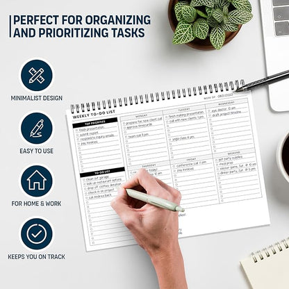 Weekly To Do List Spiral Planner Pad - 8.5x11" 52 Sheets - Desk Notepad with Multiple Sections - Undated Planning Notebook Checklist, Todo Agenda Plan