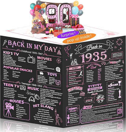 90th Birthday Card for Women, Jumbo 3D Pop Up 90th Birthday Gifts for Mom Grandma, Back In 1935 Happy 90 Year Old Sister Birthday Decorations Cards Card for Her, Rose Gold