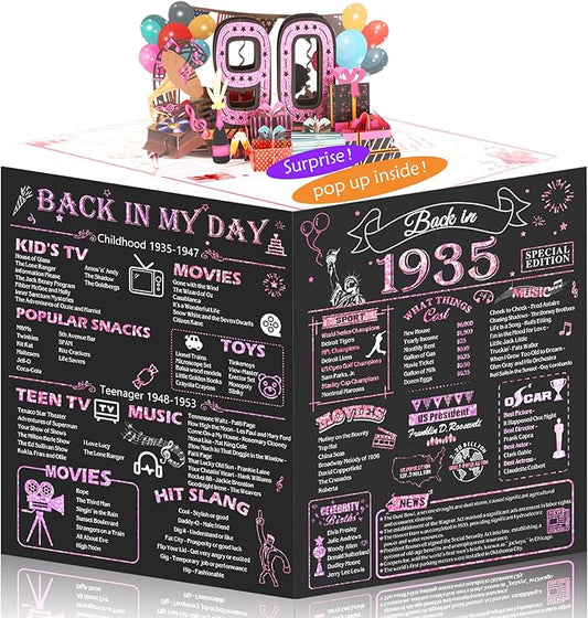 90th Birthday Card for Women, Jumbo 3D Pop Up 90th Birthday Gifts for Mom Grandma, Back In 1935 Happy 90 Year Old Sister Birthday Decorations Cards Card for Her, Rose Gold